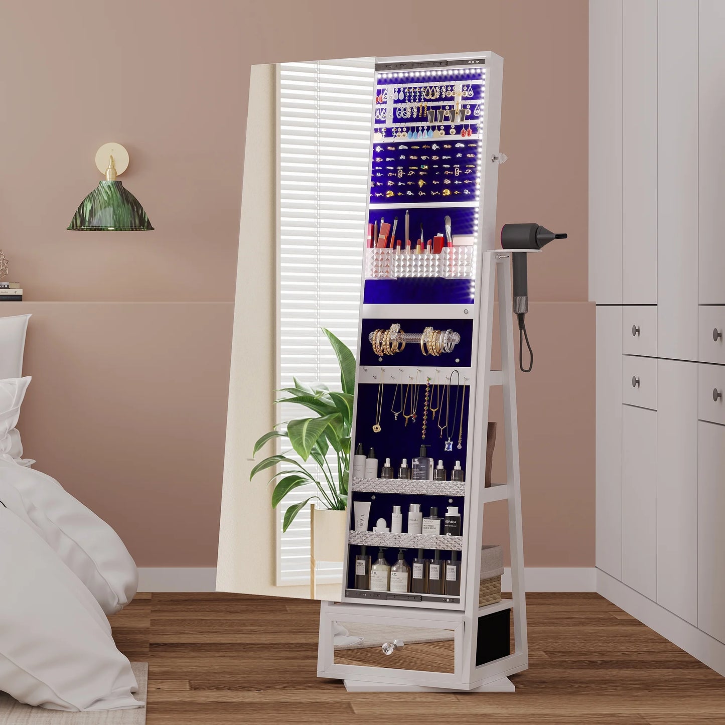 Joyero giratorio 360° LVSOMT con luz - Organizador de pie con espejo de cuerpo entero, cerradura y amplio espacio de almacenamiento - Blanco