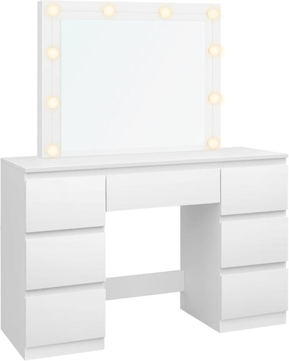 WOLTU MB6124ws Toaletka z oświetleniem i wieloma gniazdkami, toaletka z dużym lustrem LED i 7 szufladami, biurko do makijażu, 110 x 39,5 x 140,5 cm, biała nowoczesna komoda do sypialni