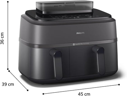 Philips Airfryer 5000 Serii Dual Basket z Technologią Air Steam oraz RapidAir Plus - pojemność 9L, 19 sposobów gotowania, 90% mniej tłuszczu, 2 kosze, czyszczenie parą, akcesoria (NA550/00)