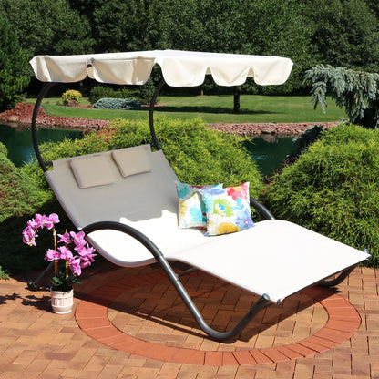 2025 Tumbona Doble Sunnydaze con Dosel y Almohada para Cabeza - Beige