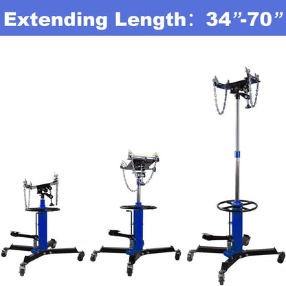 Gato hidráulico vertical para transmisión de vehículos, capacidad de 0,75 toneladas (1660 lb), altura de elevación de 84 a 178 cm, ruedas giratorias de 360° y pedal, color azul