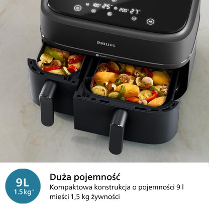 Philips Airfryer 5000 Serii Dual Basket z Technologią Air Steam oraz RapidAir Plus - pojemność 9L, 19 sposobów gotowania, 90% mniej tłuszczu, 2 kosze, czyszczenie parą, akcesoria (NA550/00)