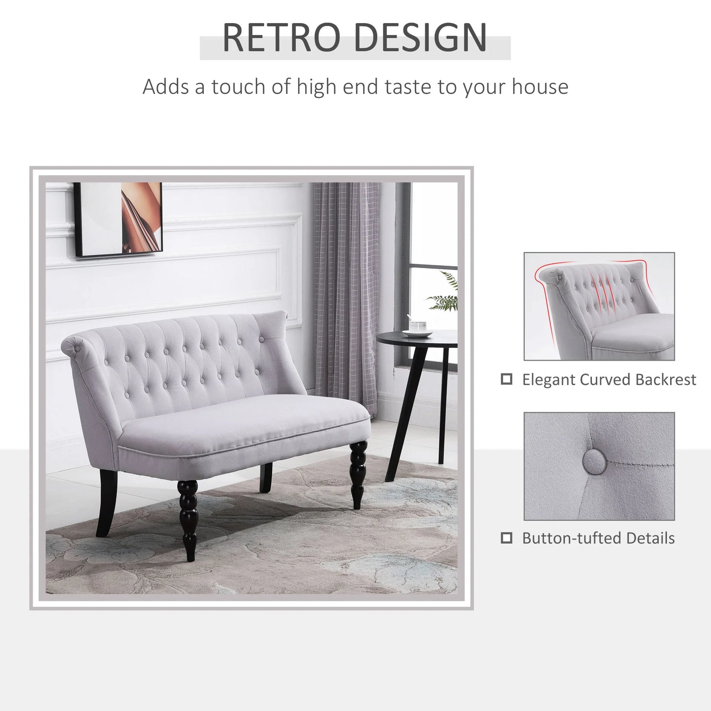 Sofá loveseat vintage, sillón capitoné con patas talladas y marco de madera, gris