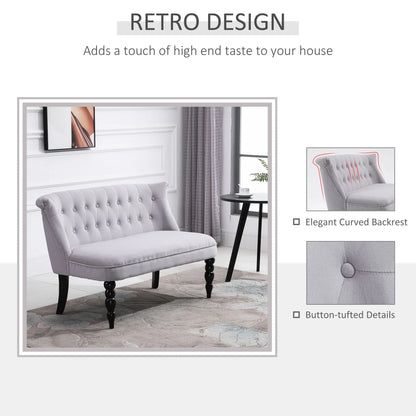 Sofá loveseat vintage, sillón capitoné con patas talladas y marco de madera, gris