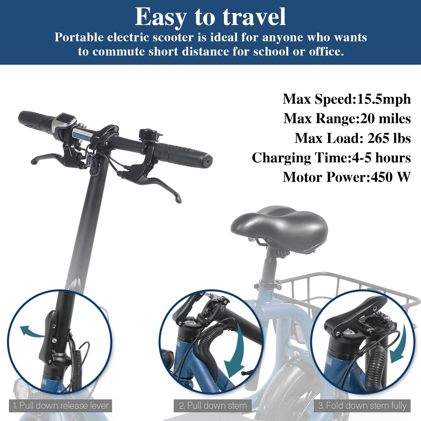 Patinete eléctrico plegable para adultos con asiento, motor sin escobillas de 450 W, neumáticos todoterreno de 12 pulgadas, autonomía de 32 km, ligero y portátil.