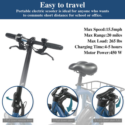 Patinete eléctrico plegable para adultos con asiento, motor sin escobillas de 450 W, neumáticos todoterreno de 12 pulgadas, autonomía de 32 km, ligero y portátil.