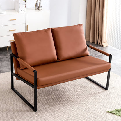 2025 Wasait canapé deux places moderne avec 2 coussins – cuir PU, mousse haute densité, cadre métallique noir. Couleur marron SF-D008