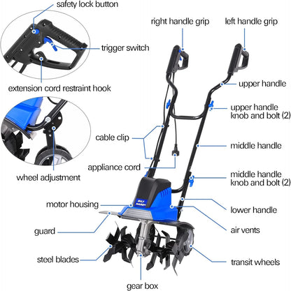 2025 Motocultor eléctrico BILT HARD de 16 pulgadas, 13,5 A, 6 dientes de acero, con ruedas ajustables.