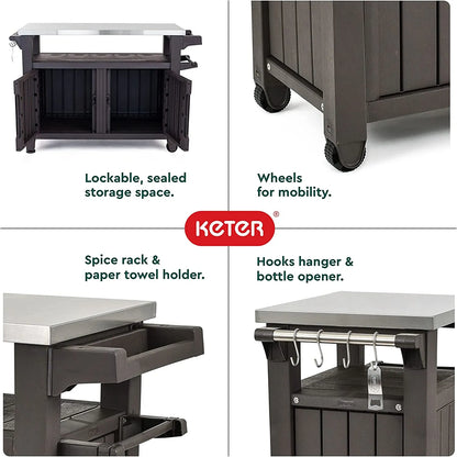 2025 Carro móvil de patio Keter Unity XL – Mesa de cocina exterior resistente a la intemperie con superficie de trabajo de acero inoxidable, espacio de almacenamiento con cerradura y accesorios