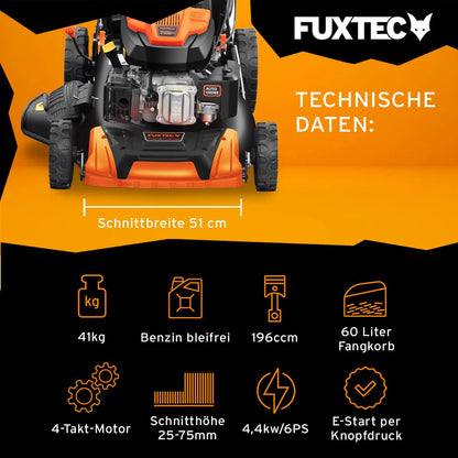 2025 Cortacésped de gasolina 4 en 1 FUXTEC FX-RM5196eS con motor ZIPGO, cortacésped de jardín con función de descarga lateral, ancho de corte 51 cm, motor de 4 tiempos con tracción trasera, ruedas grandes con rodamientos, bolsa de césped 60 L