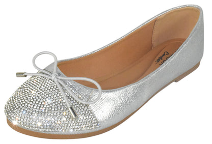 Top Moda BONNIE-31 Silver Women Rhinestone Ballet Flats Sparkly Round Toe Lightweight Bow Dress Shoes