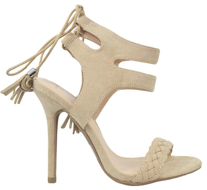 Wild Diva Lounge ADELE-344 Natural Women Stiletto High Heel Sandals Lace-Up Tassel Ankle Wrap Open Toe Dress Shoes