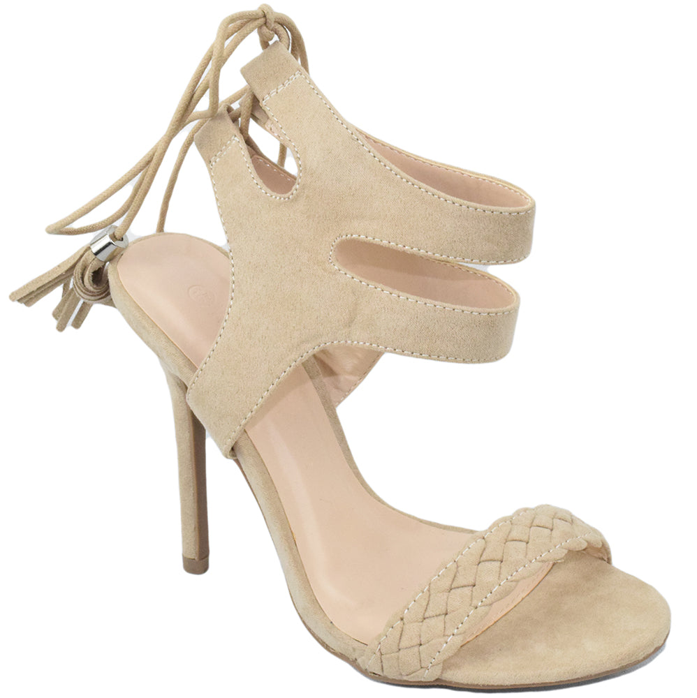Wild Diva Lounge ADELE-344 Natural Women Stiletto High Heel Sandals Lace-Up Tassel Ankle Wrap Open Toe Dress Shoes