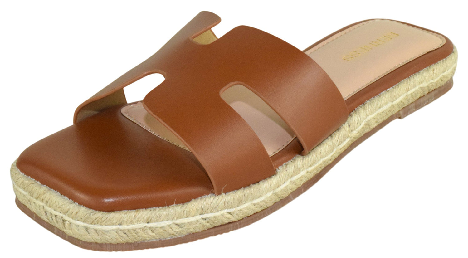 Berness KENDRA Cognac Brown Women Slide Sandals Espadrille Platform Cutout Strap Cushioned Slip-On Summer Sandals