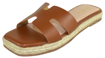 Berness KENDRA Cognac Brown Women Slide Sandals Espadrille Platform Cutout Strap Cushioned Slip-On Summer Sandals