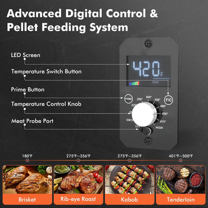 Parrilla y ahumador portátil de pellets de madera, parrilla eléctrica 8 en 1 para RV, picnics y cocina al aire libre, con control de temperatura inteligente y tecnología de vapor sobrecalentado.