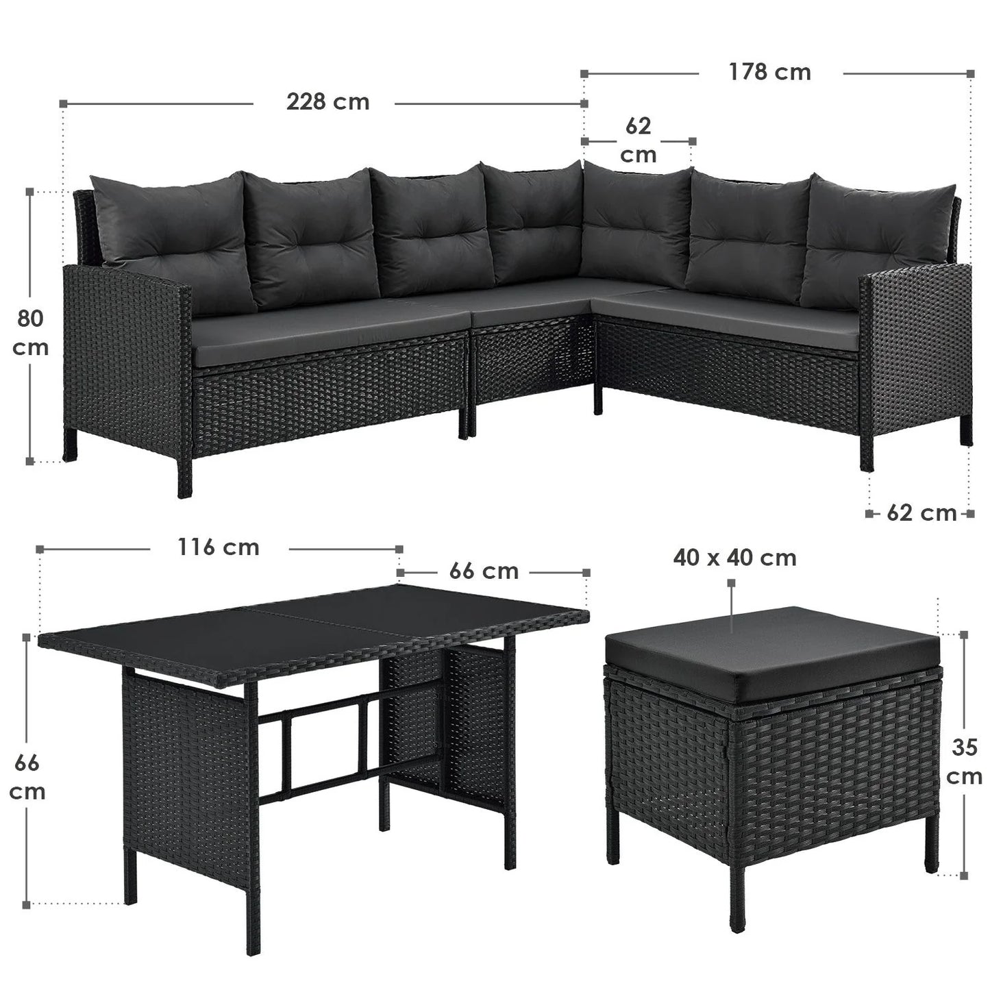 2025 Conjunto de jardín de resina trenzada Manacor negro con mesa, 2 pufs y cojines gris oscuro