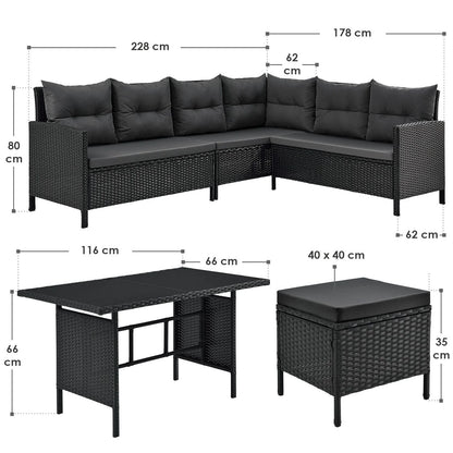 2025 Conjunto de jardín de resina trenzada Manacor negro con mesa, 2 pufs y cojines gris oscuro