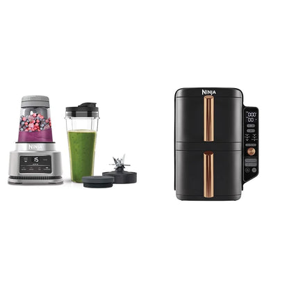 2025 Ninja Foodi Power Nutri Blender 2 en 1, licuadora para smoothie bowls y bebidas congeladas, CB100EU + Ninja Double Stack XL Freidora de aire caliente, freidora vertical sin aceite de dos cajones, SL400EUCP
