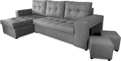 NAWSTOL - Sofa narożna Leon z funkcją spania i skrzynią na pościel – nowoczesna sofa do salonu – możliwość montażu z lewej lub prawej strony (szara + biała sztuczna skóra)