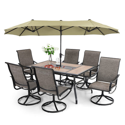 2025 Conjunto de comedor de exterior de 8 piezas con sombrilla y 6 sillas giratorias