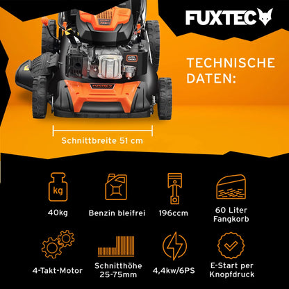 2025 Cortacésped de gasolina 4 en 1 FUXTEC FX-RM5196eS con motor ZIPGO, cortacésped de jardín con función de descarga lateral, ancho de corte 51 cm, motor de 4 tiempos con tracción trasera, ruedas grandes con rodamientos, bolsa de césped 60 L