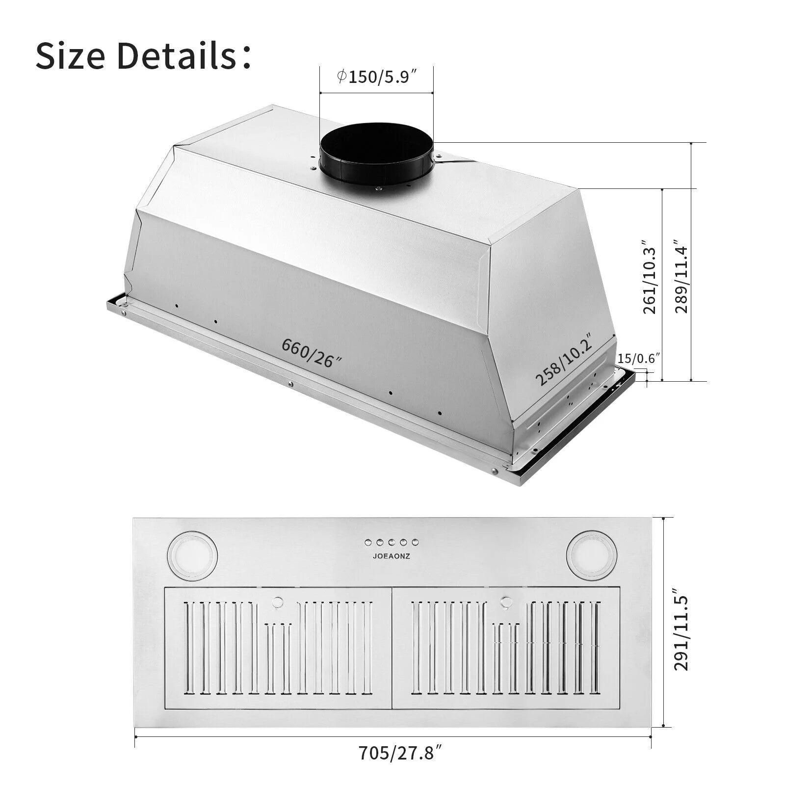 Campana extractora empotrada Zomagas de 30 pulgadas de acero inoxidable de 600 CFM con iluminación LED