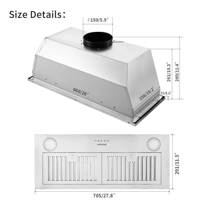 Campana extractora empotrada Zomagas de 30 pulgadas de acero inoxidable de 600 CFM con iluminación LED