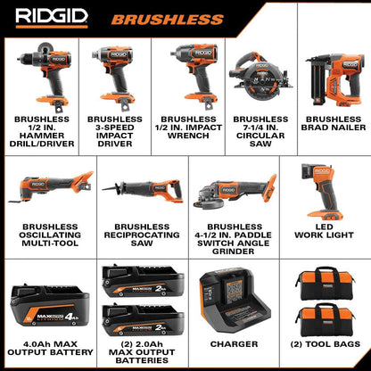 2025 RIDGID Kit Combo 18V sin escobillas de 9 herramientas con (2) baterías de 2.0 Ah y (1) batería de 4.0 Ah, cargador y bolsa para herramientas R96265N