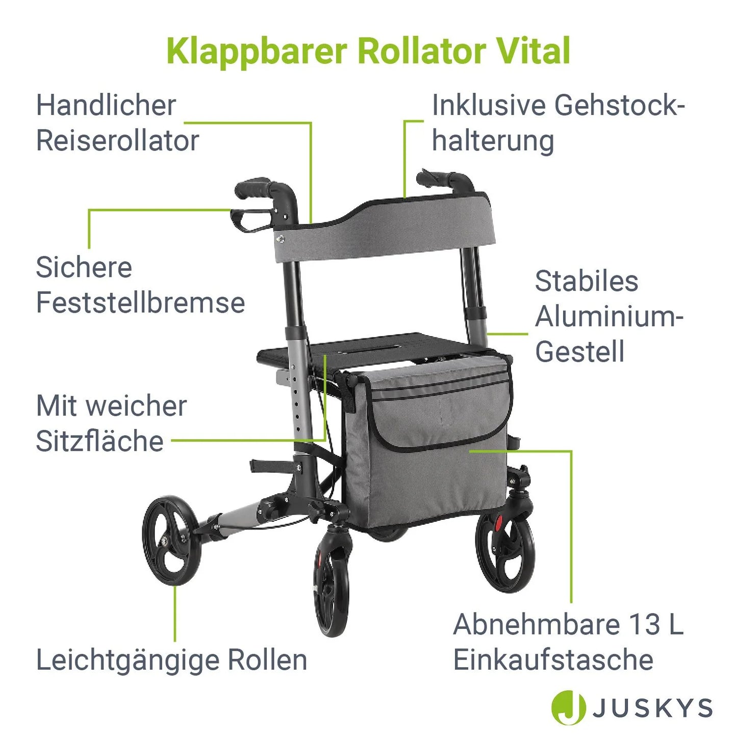 2025 Andador de aluminio Vital con asiento – Ligero, plegable y seguro