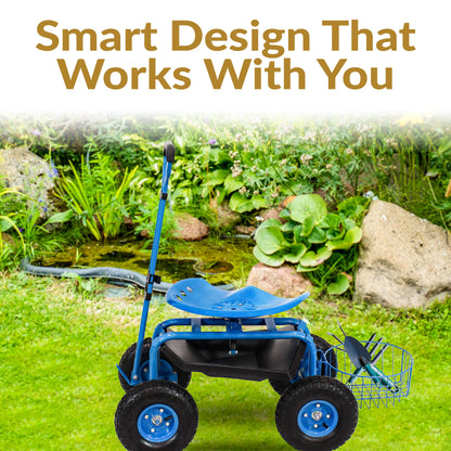 2025 Carrito de Jardín Rodante Sunnydaze con Asiento Giratorio, Manillar y Cesta