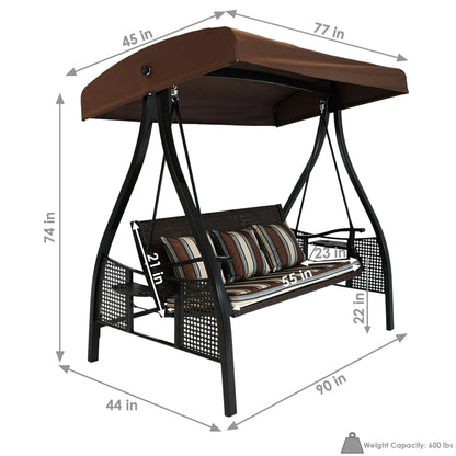 2025 Columpio de Jardín Sunnydaze Deluxe para 3 Personas con Toldo y Mesas Laterales