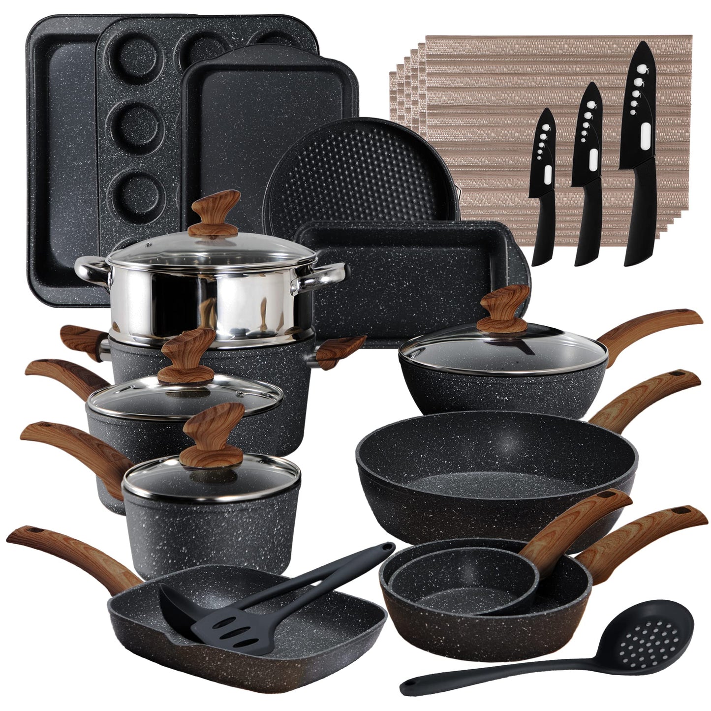 Batería de cocina de 17 piezas – Juego de ollas y sartenes de granito negro antiadherente