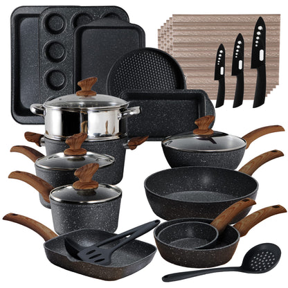 Batería de cocina de 17 piezas – Juego de ollas y sartenes de granito negro antiadherente