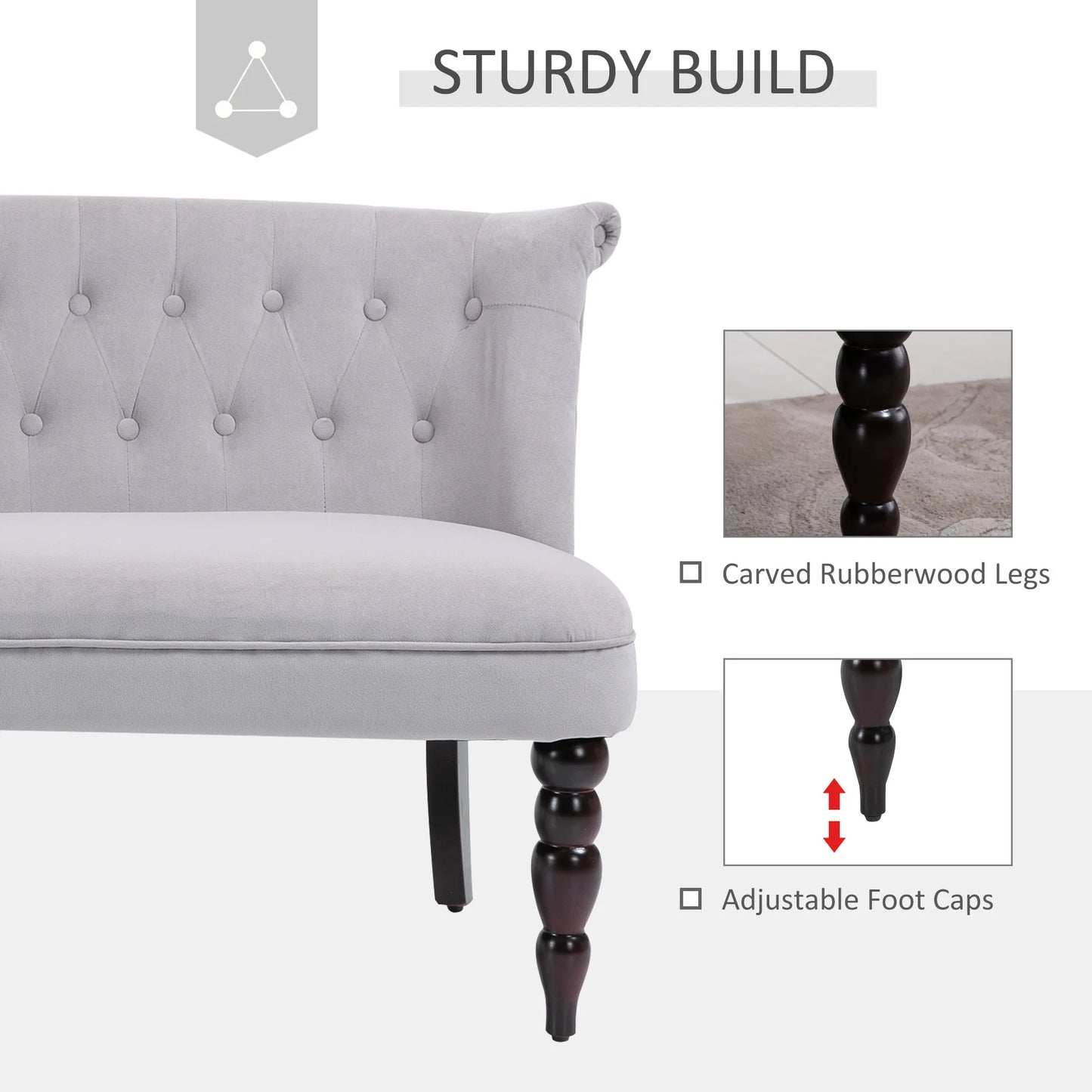 Sofá loveseat vintage, sillón capitoné con patas talladas y marco de madera, gris
