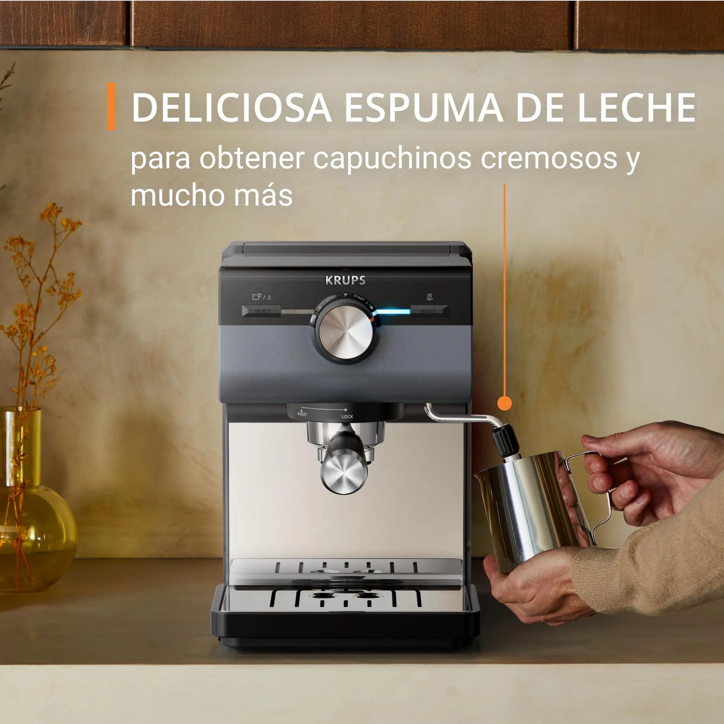 Krups Virtuoso Essential - Cafetera espresso 15 bar, acero inox negro, diseño compacto y elegante, parada automática, espresso y cappuccino, Thermoblock, boquilla de vapor, incluye cuchara, XP4418