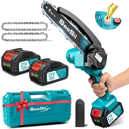 SEESII 2-in-1 Cordless Chain Saw and Mini Chainsaw with 2 4000mAh Batteries, 8 Inch Brushless Chainsaw with Telescopic Pole, Extendable up to 15 Feet for Tree Pruning