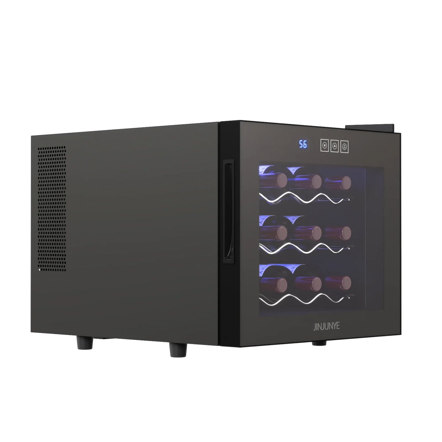 2025 Nevera para vino JINJUNYE, enfriador compacto para 12 botellas, mini bodega de mostrador con control de temperatura, nevera para vino independiente con puerta de vidrio para el hogar, oficina, bar, regalo para hombres