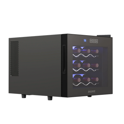 2025 Nevera para vino JINJUNYE, enfriador compacto para 12 botellas, mini bodega de mostrador con control de temperatura, nevera para vino independiente con puerta de vidrio para el hogar, oficina, bar, regalo para hombres