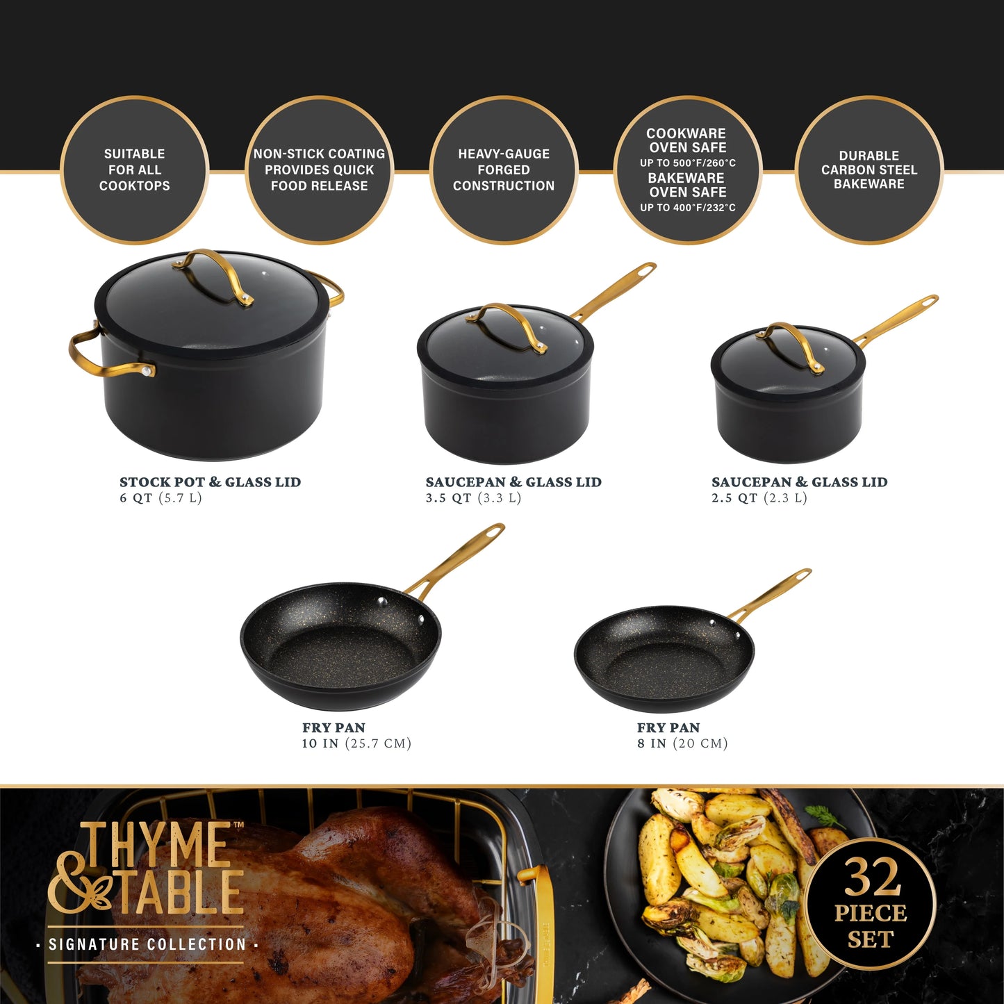 Juego de utensilios de cocina antiadherentes Thyme & Table de 32 piezas, color negro