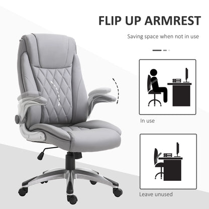 2025 Silla de Oficina de Cuero PU con Reposabrazos Abatibles, Altura Ajustable y Ruedas Giratorias, Gris