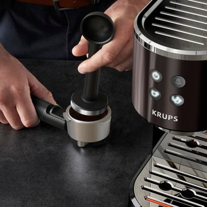 Krups Virtuoso Essential - Cafetera espresso 15 bar, acero inox negro, diseño compacto y elegante, parada automática, espresso y cappuccino, Thermoblock, boquilla de vapor, incluye cuchara, XP4418