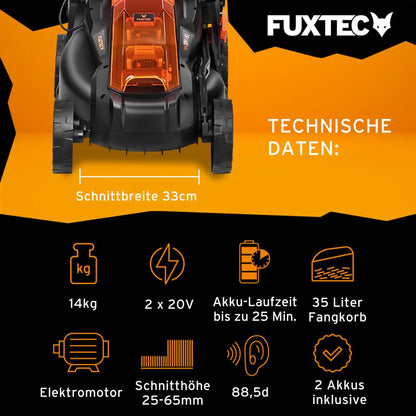 2025 Cortacésped inalámbrico FUXTEC 40V (2x20V) E1RM20 con 2 baterías Li-Ion 20V 2Ah y cargador doble – Ancho de corte 33 cm, altura de corte variable