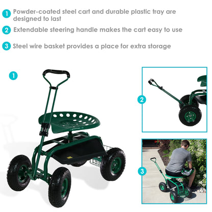 2025 Carrito de Jardín Rodante Sunnydaze con Asiento Giratorio y Manillar de Dirección