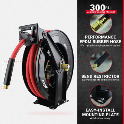 2025 Enrollador Automático de Doble Brazo de Acero con Manguera de Goma de 1/2" x 15 m – Máx. 300 PSI