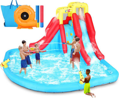 Tobogán acuático inflable 8-en-1 para niños: castillo inflable parque acuático con soplador de 450W, muro de escalada, piscina, 2 pistolas de agua, canasta de baloncesto, tobogán, rociador de cocodrilo – perfecto como regalo y para fiestas en el jard