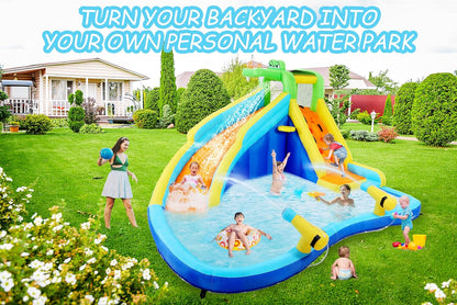 Tobogán acuático inflable 8-en-1 para niños: castillo inflable parque acuático con soplador de 450W, muro de escalada, piscina, 2 pistolas de agua, canasta de baloncesto, tobogán, rociador de cocodrilo – perfecto como regalo y para fiestas en el jard