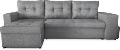 NAWSTOL - Sofa narożna Leon z funkcją spania i skrzynią na pościel – nowoczesna sofa do salonu – możliwość montażu z lewej lub prawej strony (szara + biała sztuczna skóra)