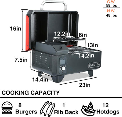 2025 Parrilla y Ahumador Portátil de Pellets de Madera Eléctrica 8 en 1 para Camping, RV, BBQ y Cocinar en el Patio - Control Inteligente de Temperatura y Tecnología de Vapor Súper Caliente