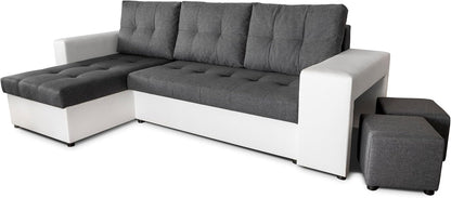 NAWSTOL - Sofa narożna Leon z funkcją spania i skrzynią na pościel – nowoczesna sofa do salonu – możliwość montażu z lewej lub prawej strony (szara + biała sztuczna skóra)